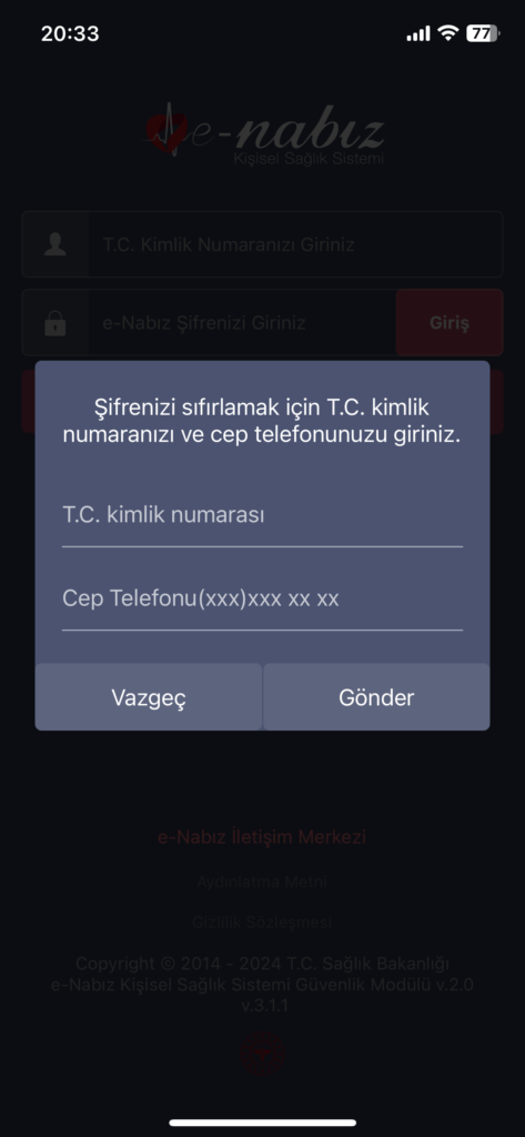 e-nabız şifremi unuttum